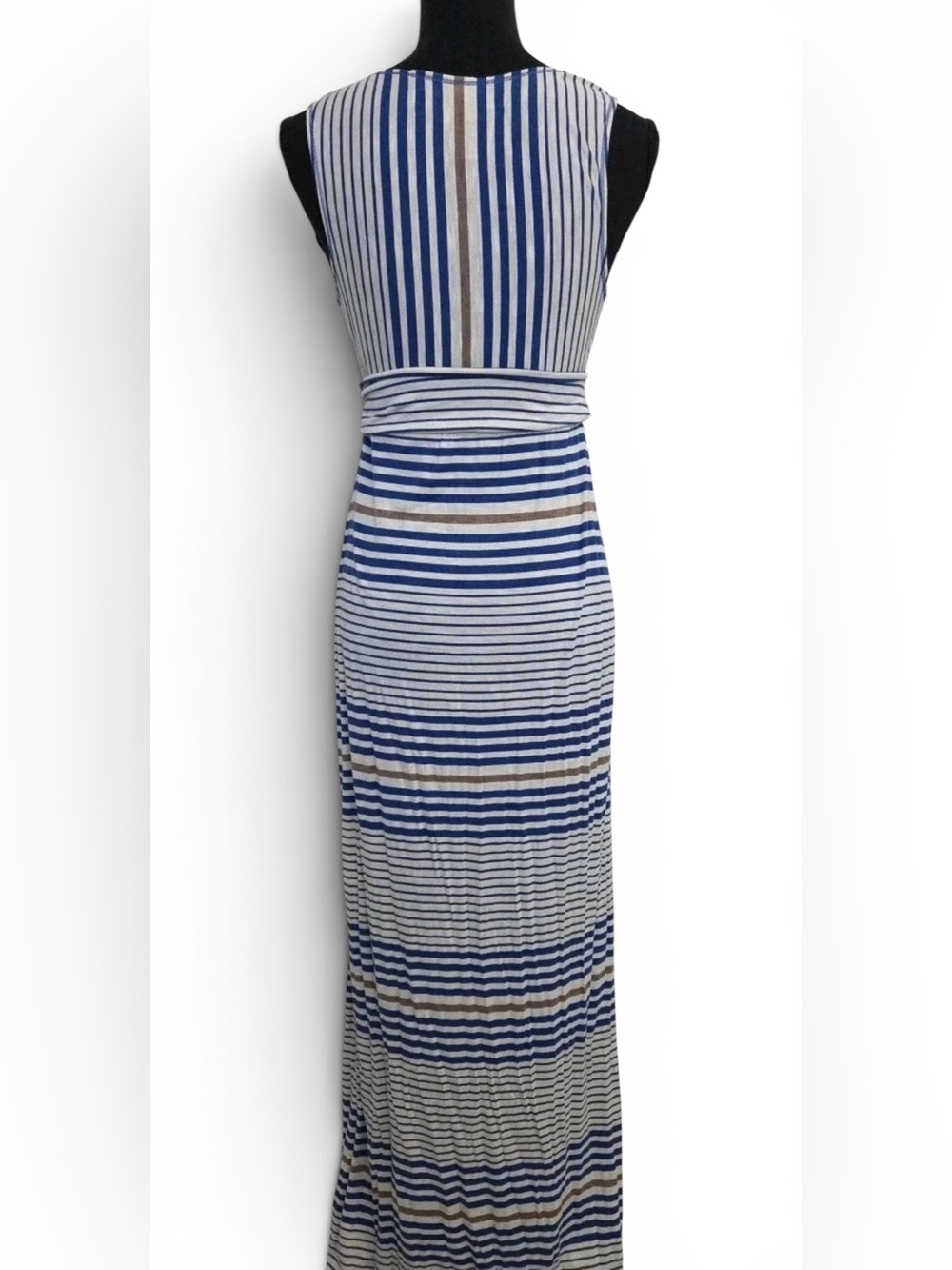 Studio M Navy, White & Tan Striped V-Neck Maxi Dress - Picture 3 of 5
